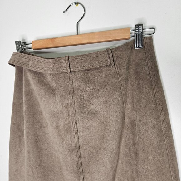 Aritzia Babaton Cecily Faux Suede  A-Line Midi Skirt Sz 4 Taupe Self-tie belt - Picture 9 of 13